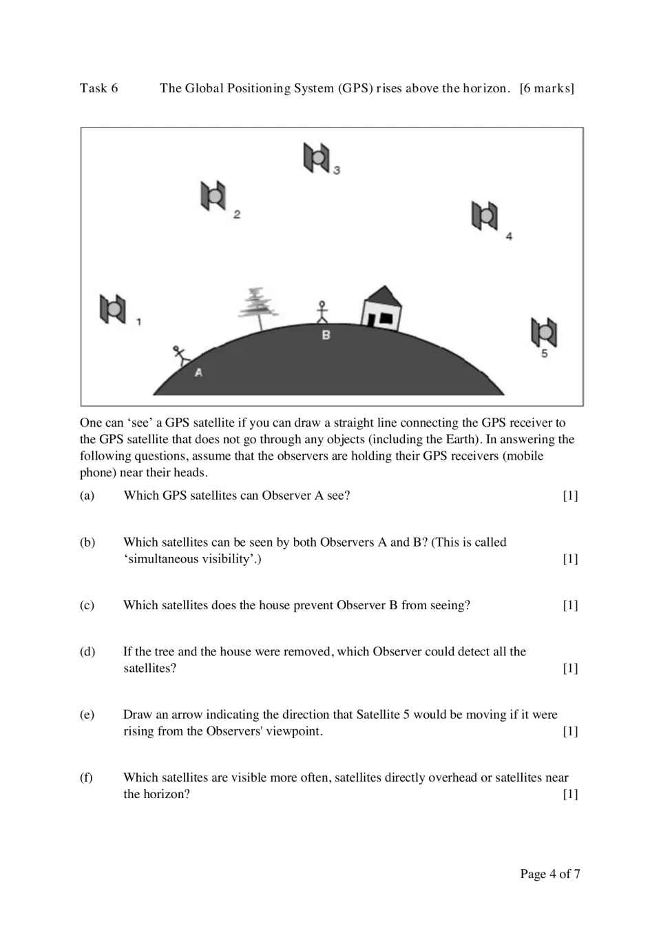 GPS satellite visibility: students use lines of sight from Observers A and B past a tree and house to answer six questions