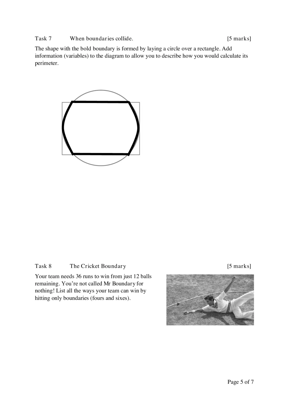 Perimeter and cricket: students add variables to a circle-over-rectangle shape, then list fours and sixes making 36 runs