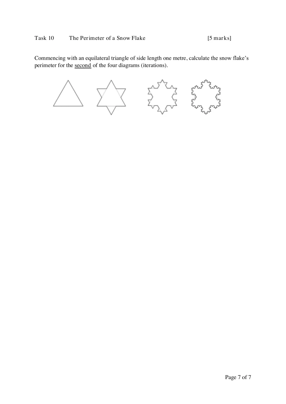 Snowflake perimeter task: starting from a 1 m equilateral triangle, students find the second fractal iteration's perimeter