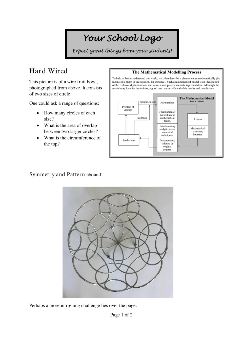 Hard Wired: photo of a wire fruit bowl of overlapping circles; students count circles, find overlap area and circumference