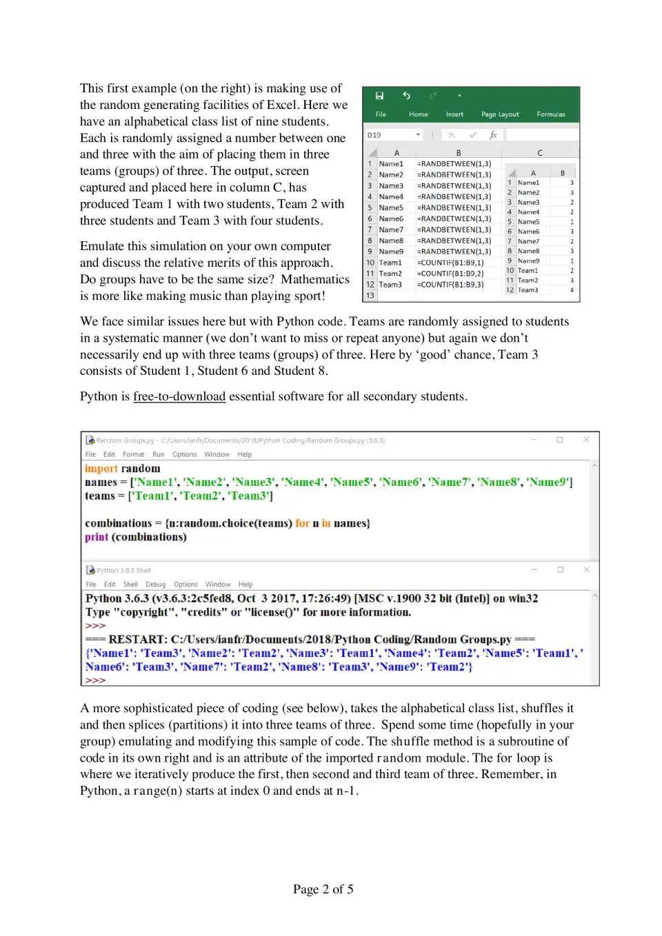 Random group assignment: students emulate Excel RANDBETWEEN and Python code that put nine students into three teams