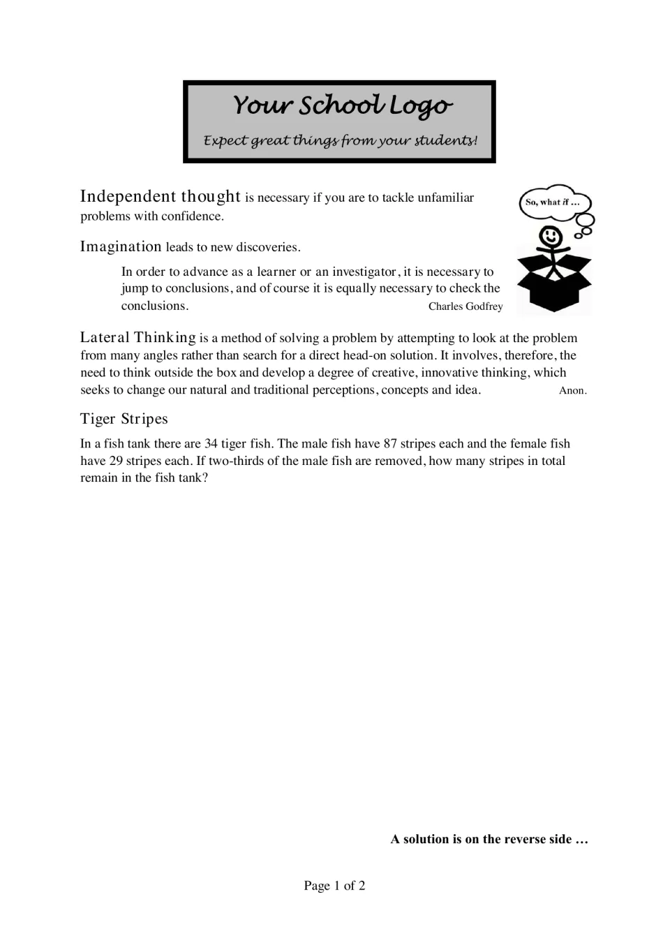 Tiger Stripes word problem: students find total stripes left when two-thirds of male fish leave a tank of 34 fish