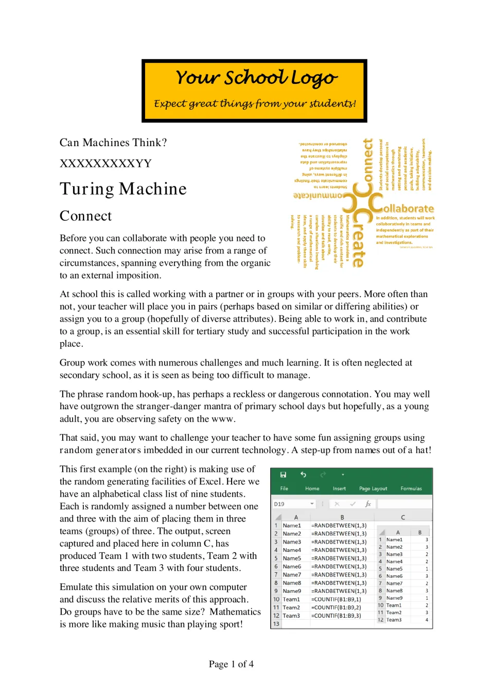 Connect: reading on group work, then students recreate an Excel RANDBETWEEN draw placing 9 students into 3 teams