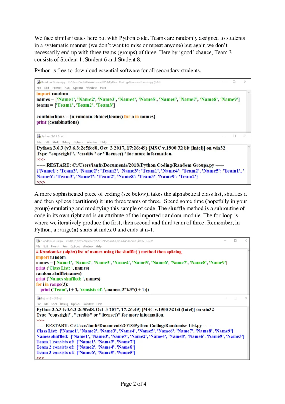 Random teams in Python: students run and modify code that shuffles a class list and splits it into 3 teams of 3