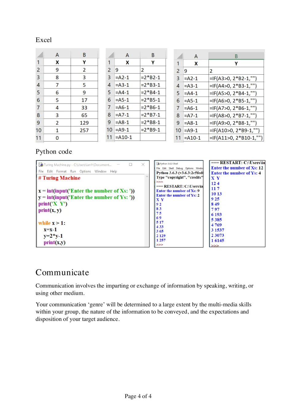 Excel and Python simulations of the X and Y rule, ending at 257 Ys, then a Communicate section on sharing results