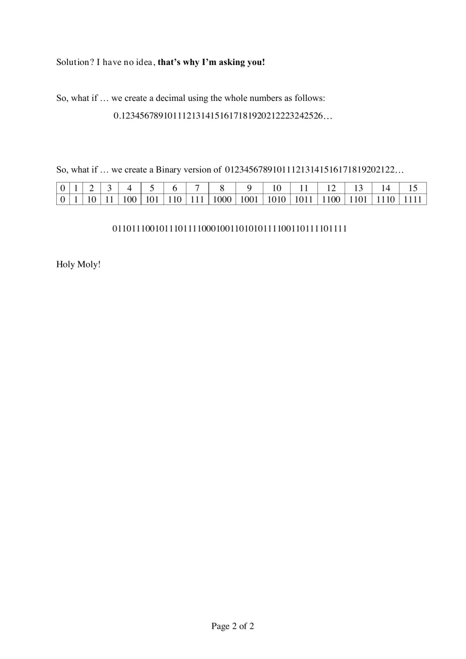 What-if extensions: students explore a decimal made from whole numbers and the binary string of 0 to 15