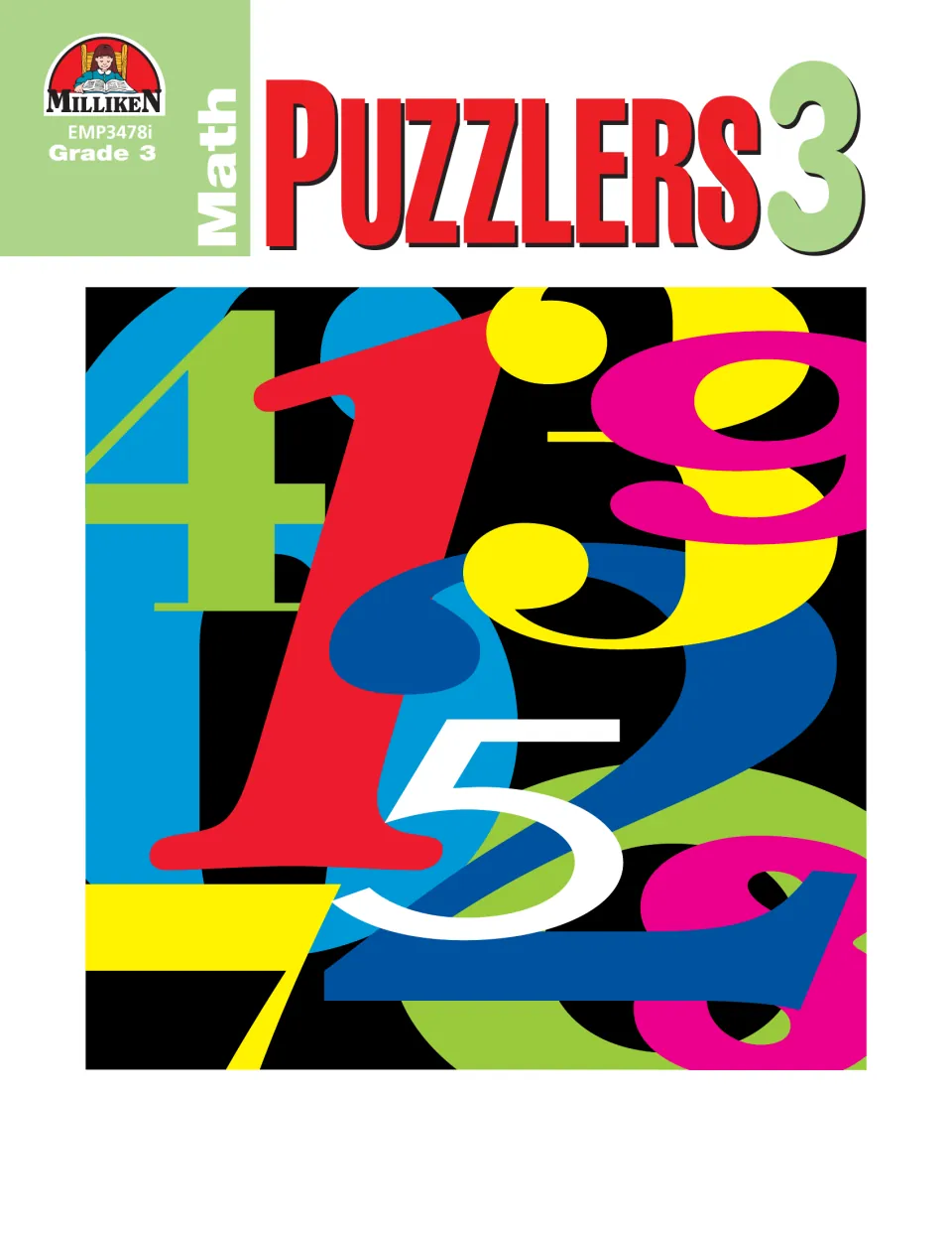 Cover of Math Puzzlers 3, Grade 3, from Milliken: large overlapping colored numerals under the red Puzzlers title