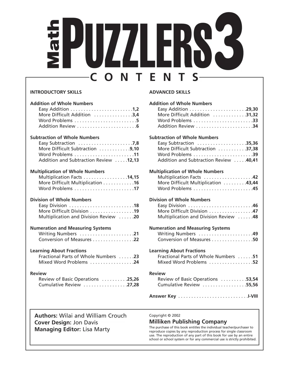 Contents listing introductory and advanced skills: addition, subtraction, multiplication, division, measures and fractions