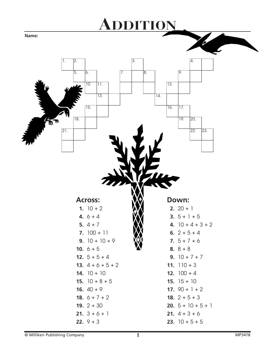Addition crossword: students add two to four numbers, such as 10 + 2 and 4 + 6 + 5 + 2, and write each sum in the puzzle