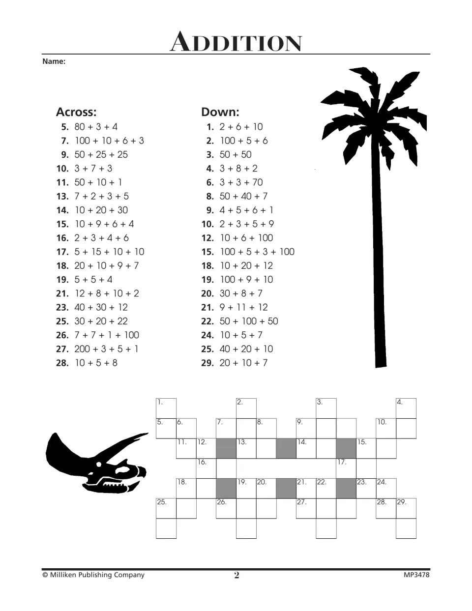 Addition number crossword with three- and four-addend clues such as 100 + 10 + 6 + 3; students enter sums digit by digit