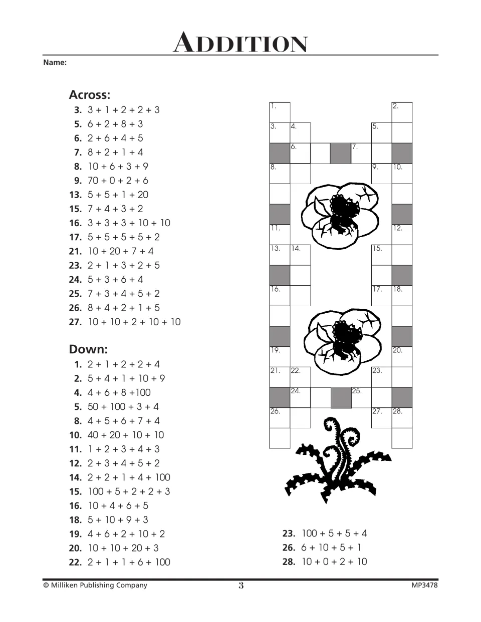 Addition crossword: students add strings of four or five numbers, like 3 + 1 + 2 + 2 + 3, and fill in each total