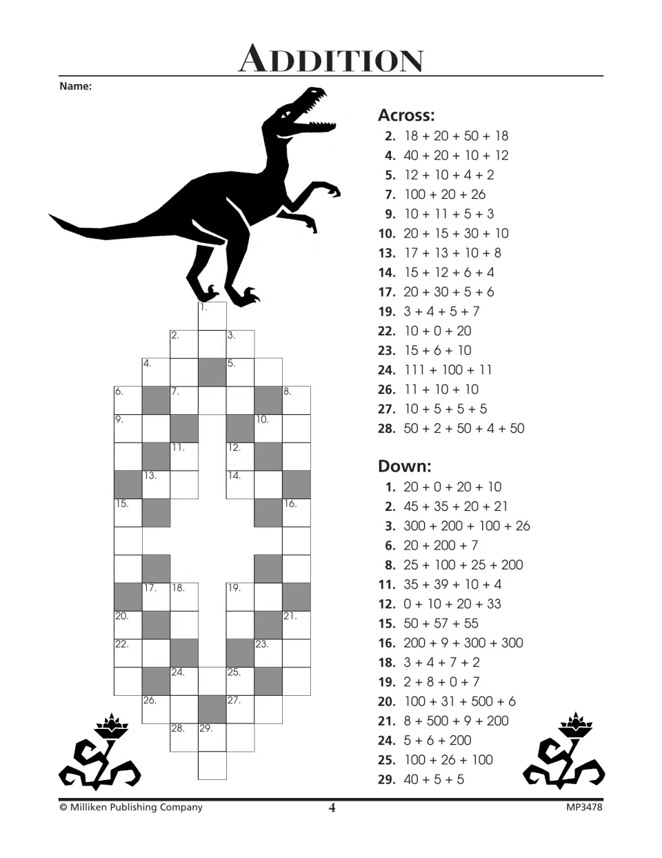 Addition crossword with larger sums in the hundreds, such as 300 + 200 + 100 + 26; students write answers across and down