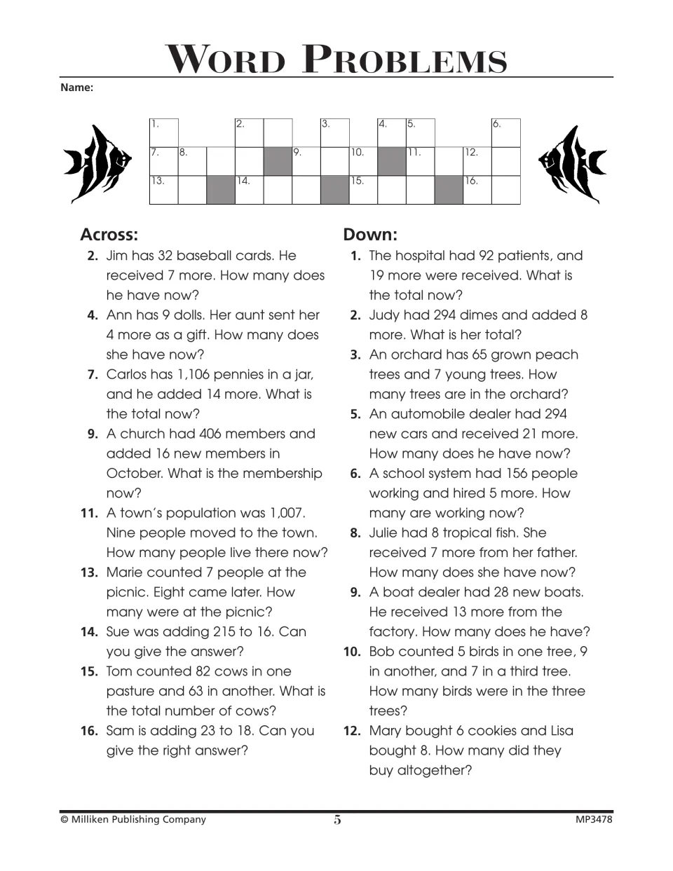 Addition word problems crossword: students solve stories about baseball cards, pennies, cows and fish and enter each total