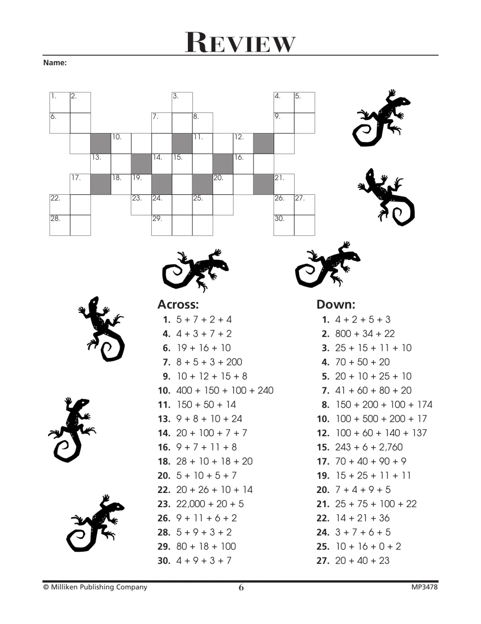 Addition review crossword: students find sums such as 400 + 150 + 100 + 240 and 243 + 6 + 2,760 and fill in the answers