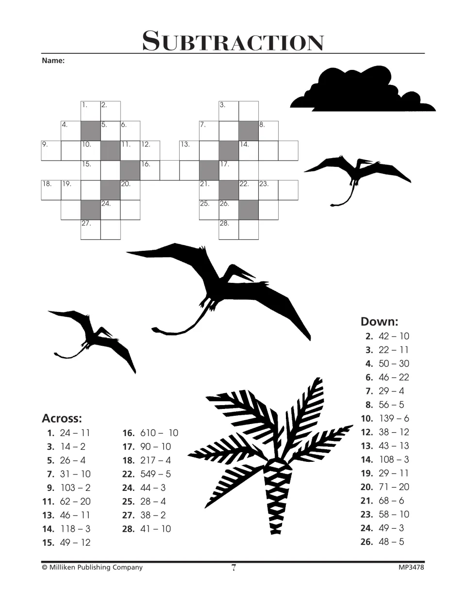Subtraction crossword: students solve two-number differences such as 24 – 11 and 139 – 6 and enter each answer