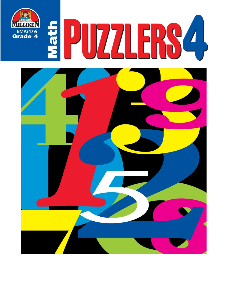 Cover of Math Puzzlers 4, a Grade 4 math activity workbook from Milliken, labeled with product code EMP3479i