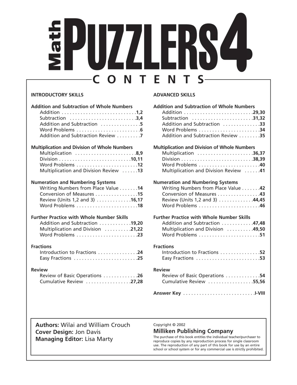 Workbook contents list introductory and advanced puzzles on whole numbers, fractions, measures, and review