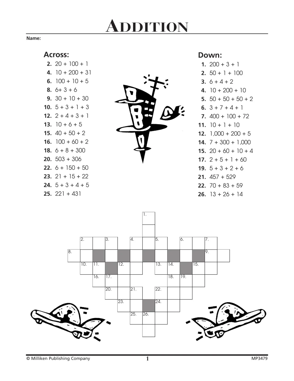 Addition puzzle 1 uses across and down clues such as 20 + 100 + 1 and 200 + 3 + 1 for numerical answers