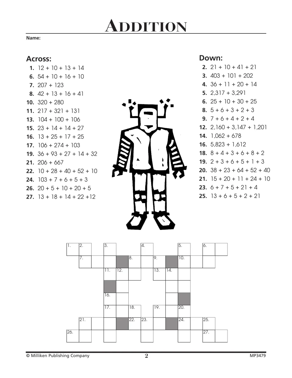 Addition puzzle 2 includes across and down clues such as 12 + 10 + 13 + 14 and 2,317 + 3,291 to solve