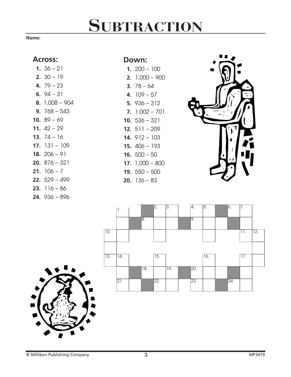 Subtraction puzzle 3 uses across and down clues including 36 − 21, 1,008 − 904, and 1,000 − 900 to solve