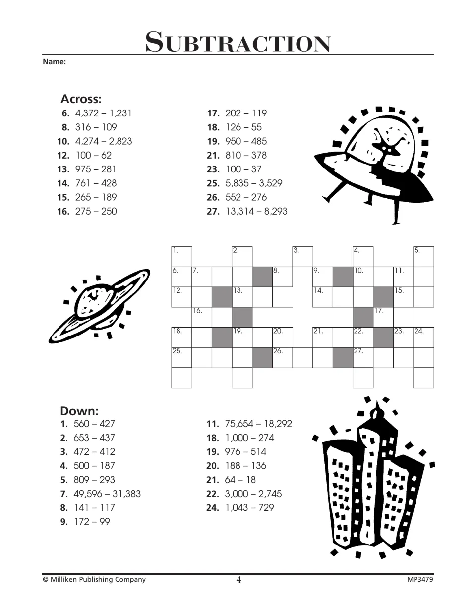 Subtraction puzzle 4 includes across and down clues such as 4,372 − 1,231 and 75,654 − 18,292 to solve