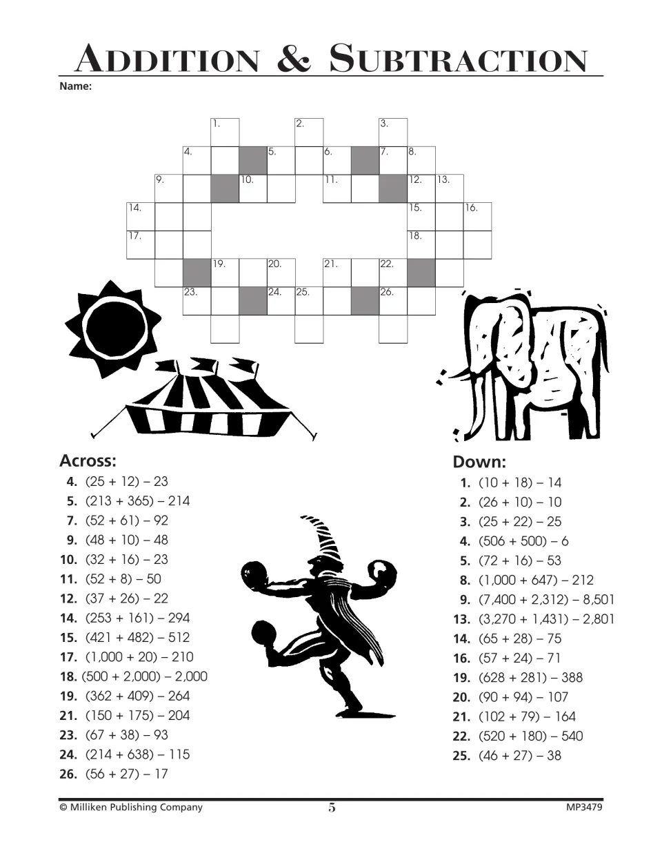 Addition and subtraction puzzle 5 combines operations in clues such as (25 + 12) − 23 and (10 + 18) − 14