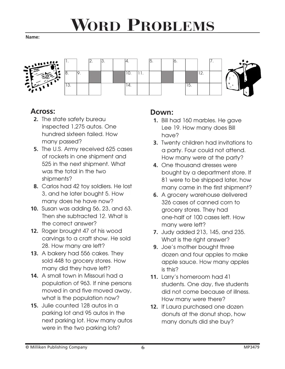Word problems puzzle 6 asks for numerical answers about inspected autos, marbles, cakes, and party guests