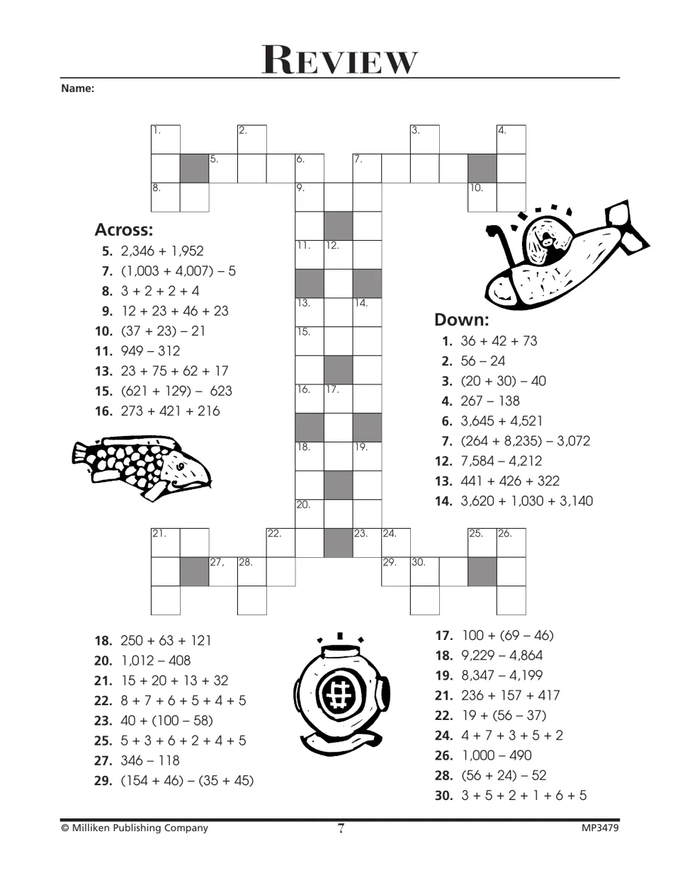 Review puzzle 7 revisits addition and subtraction with clues such as 2,346 + 1,952 and (37 + 23) − 21