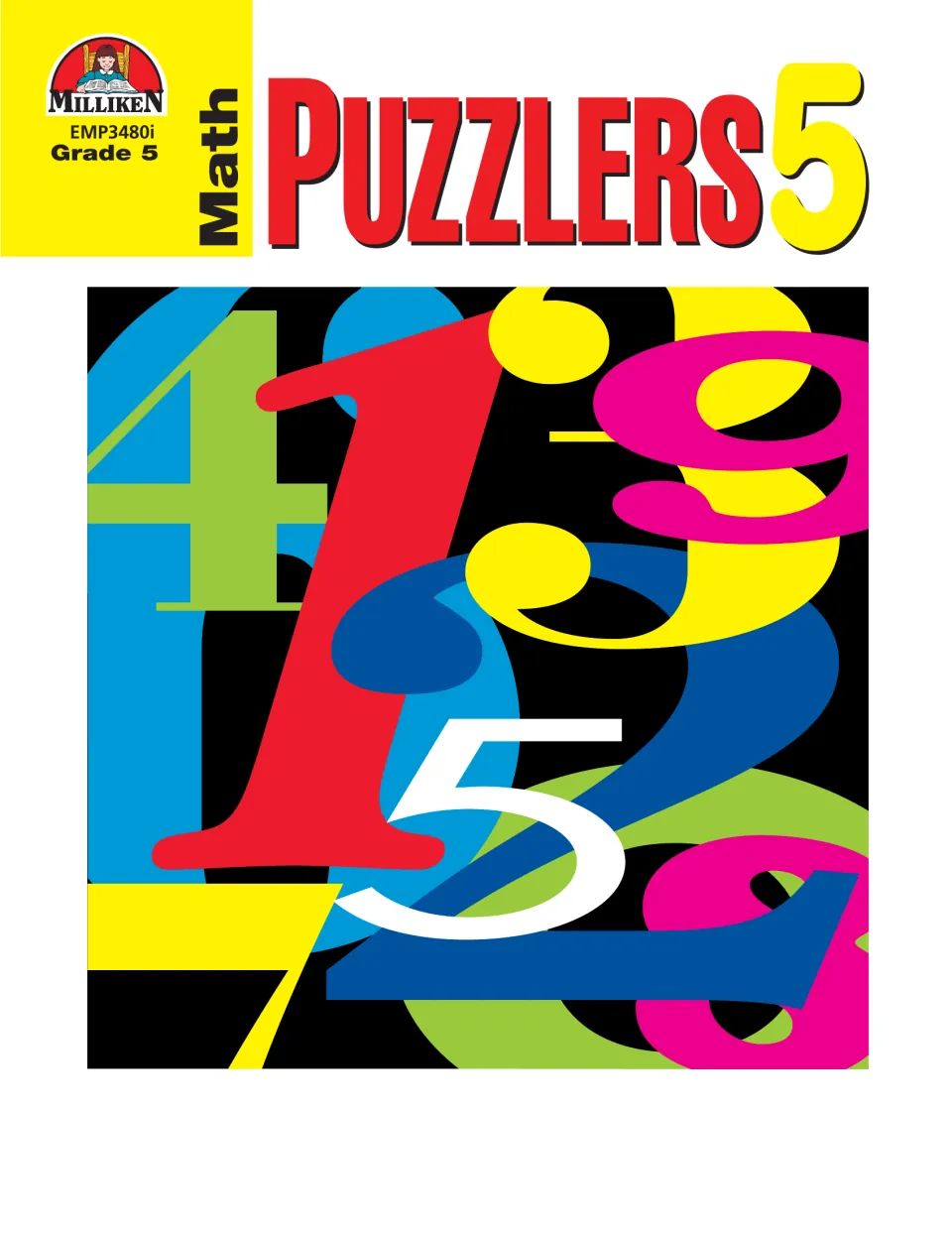 Cover of Math Puzzlers 5, a Grade 5 math puzzle workbook from Milliken, featuring overlapping numerals