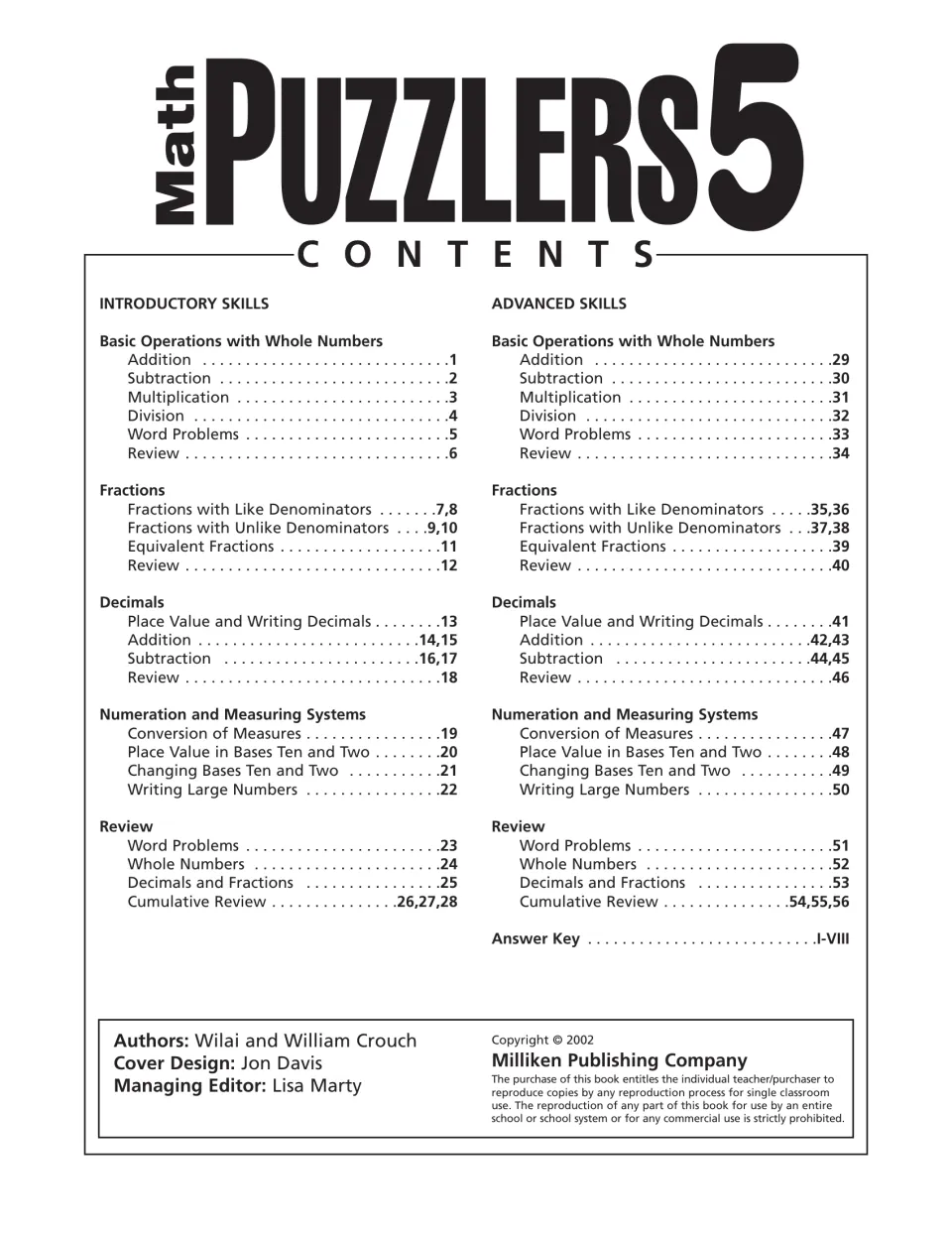Workbook contents: introductory and advanced puzzles on whole numbers, fractions, decimals, and measurement