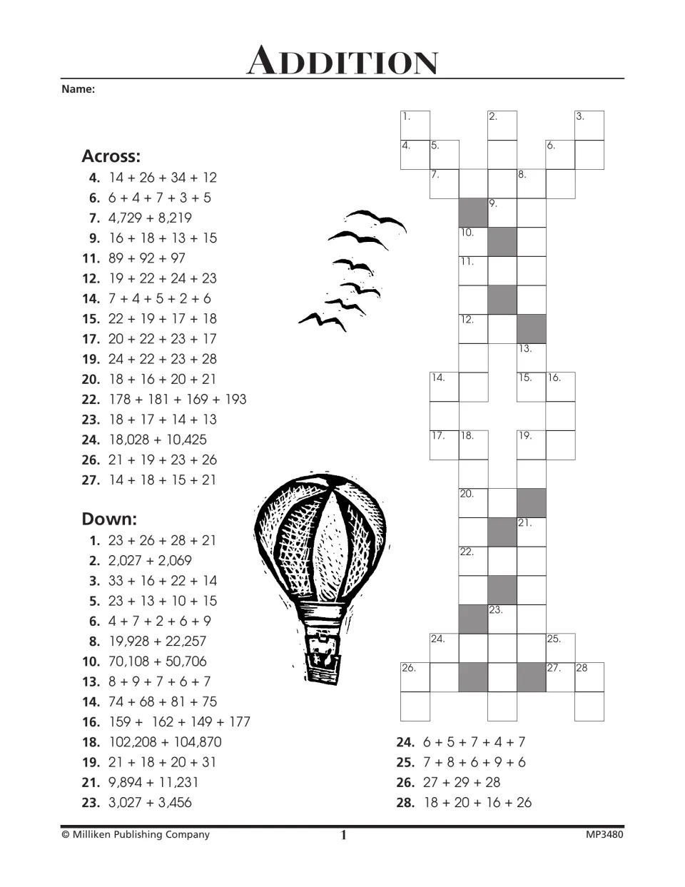 Addition puzzle with across and down clues, including 14 + 26 + 34 + 12 and larger sums such as 4,729 + 8,219