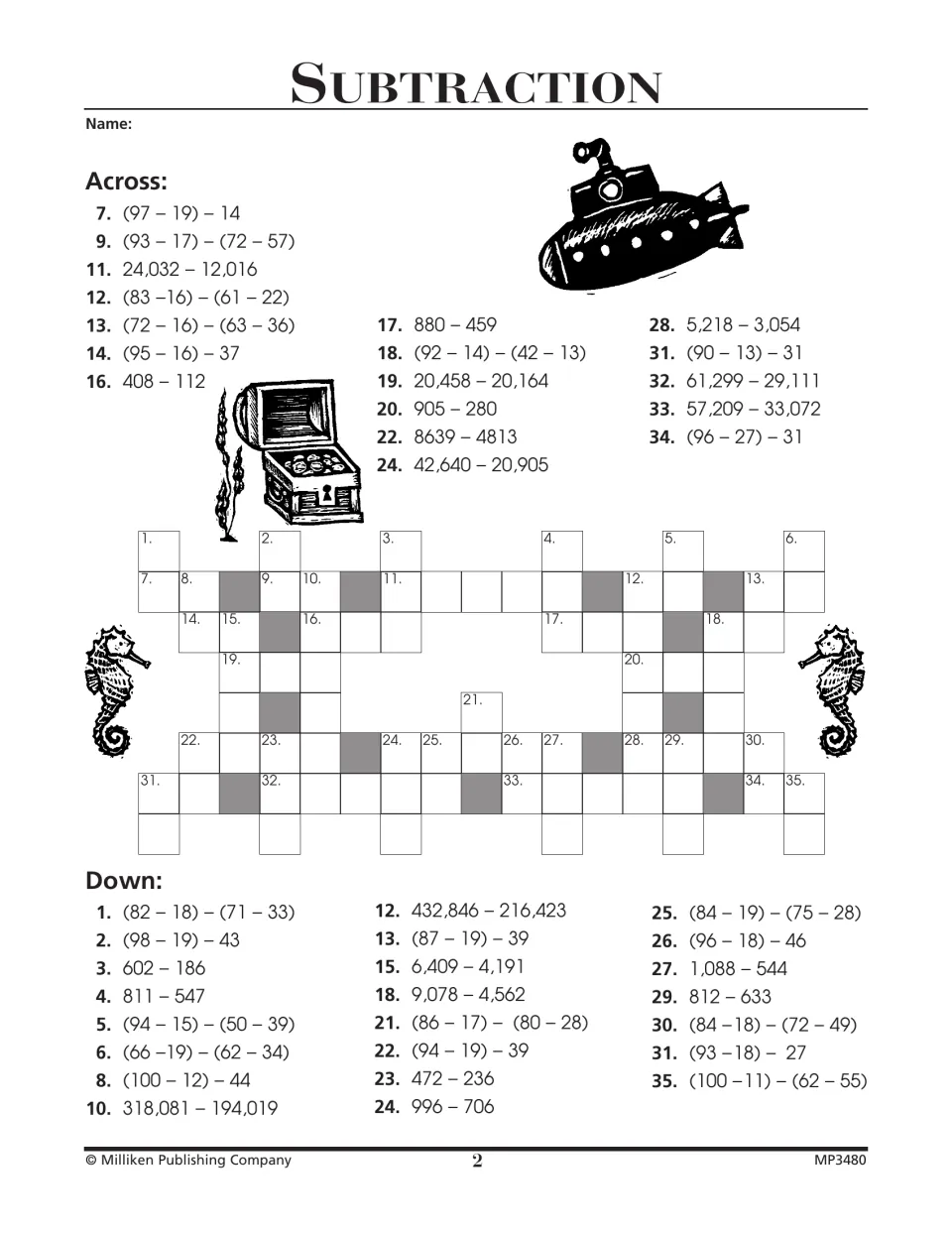 Subtraction puzzle with across and down clues, including (97 − 19) − 14 and the difference 24,032 − 12,016