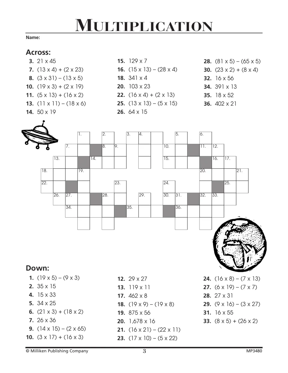 Multiplication puzzle with across and down clues, including 21 × 45 and mixed operations such as (13 × 4) + (2 × 23)