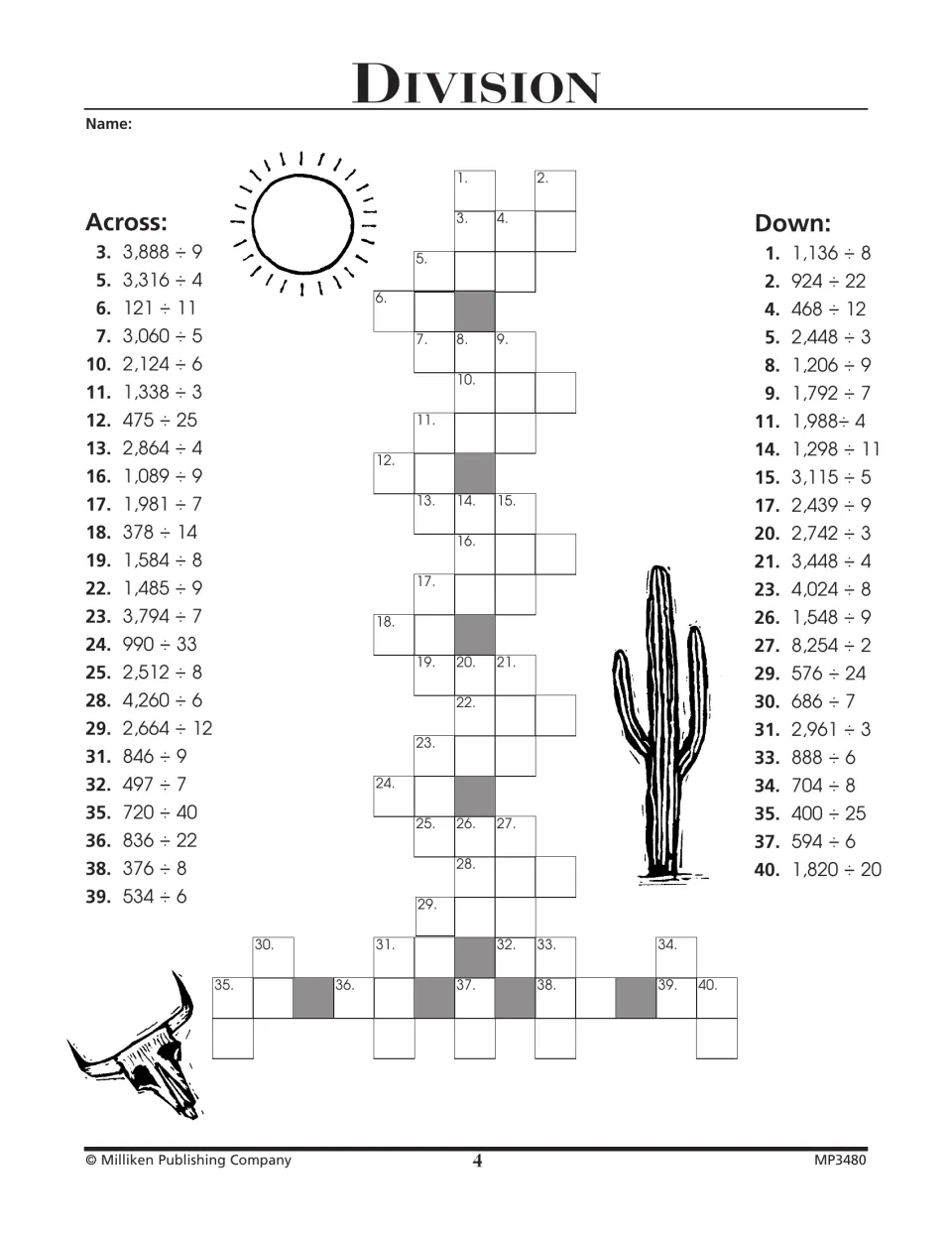 Division puzzle with across and down clues, including 3,888 ÷ 9, 121 ÷ 11, and division by two-digit numbers