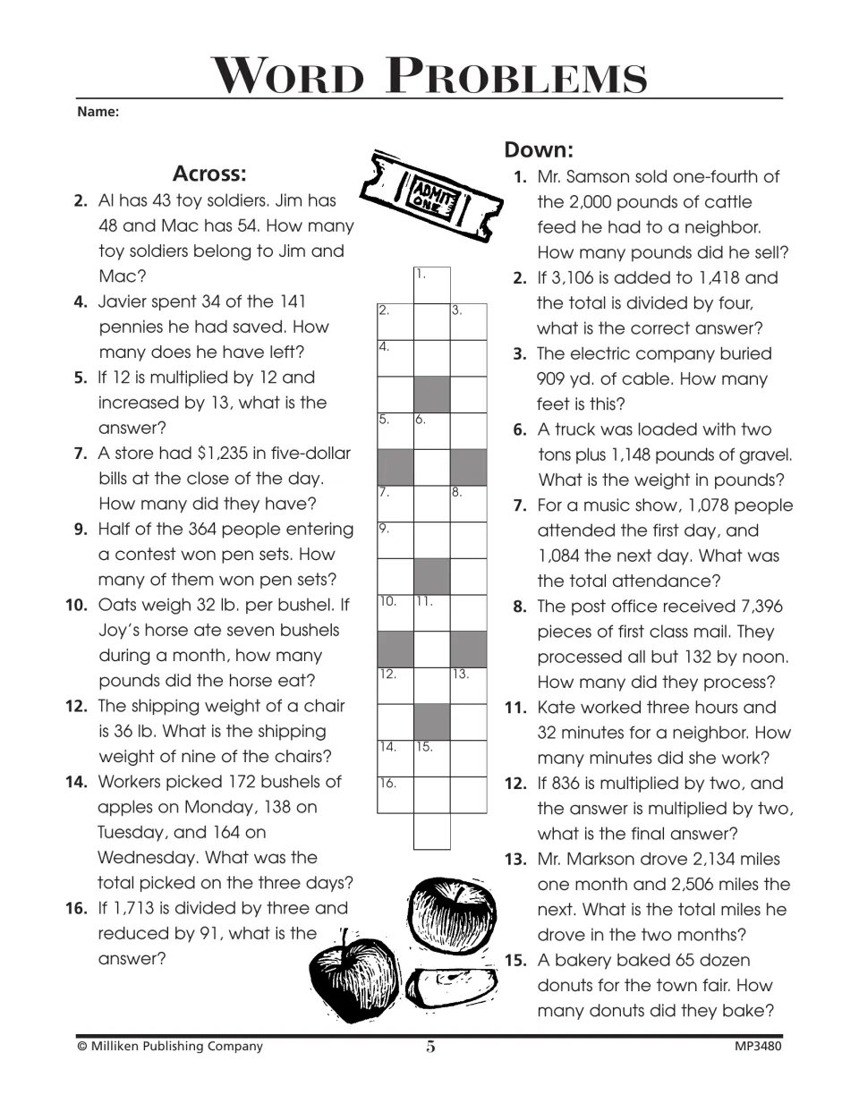 Word-problem puzzle with across and down clues about toy soldiers, pennies, cattle feed, and unit conversions
