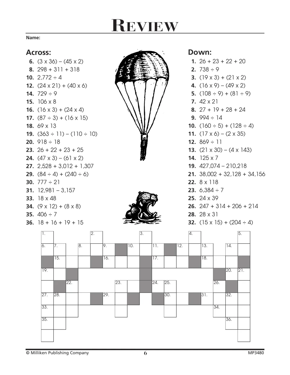 Whole-number review puzzle combining addition, subtraction, multiplication, and division in across and down clues