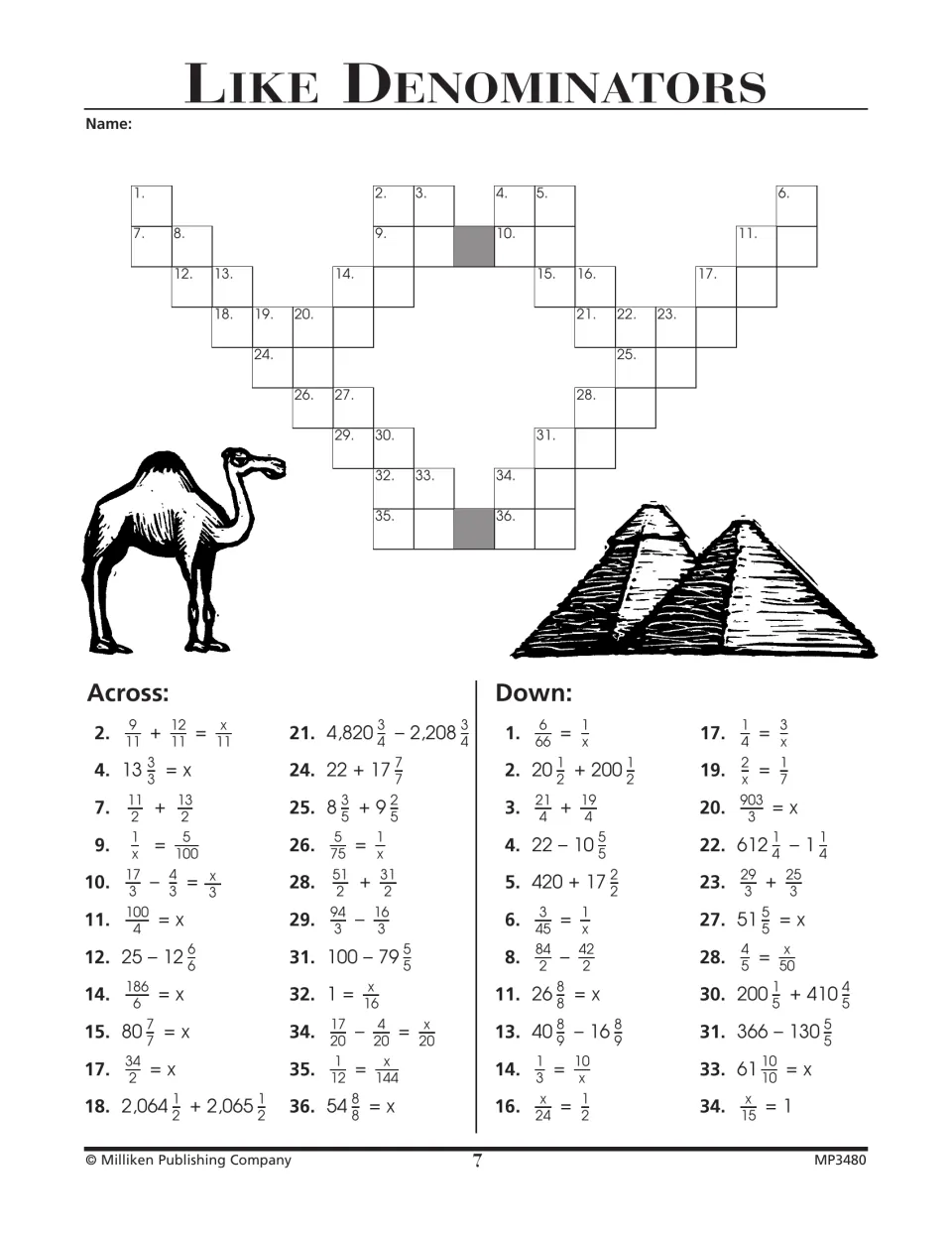 Like Denominators puzzle with fraction sums, mixed-number subtraction, and missing values in equivalent fractions