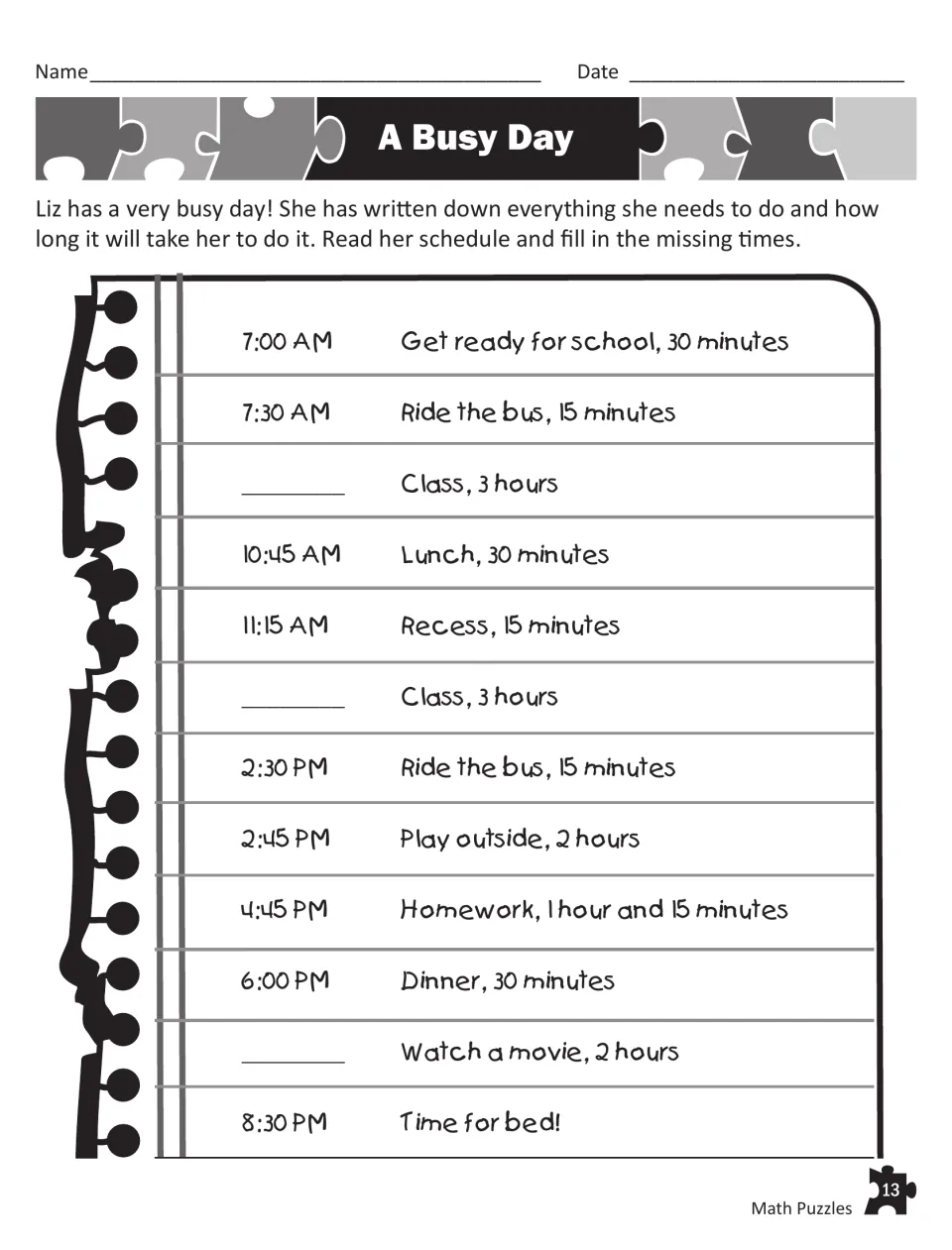A Busy Day: students read Liz's schedule with activity lengths and fill in three missing times, practicing elapsed time