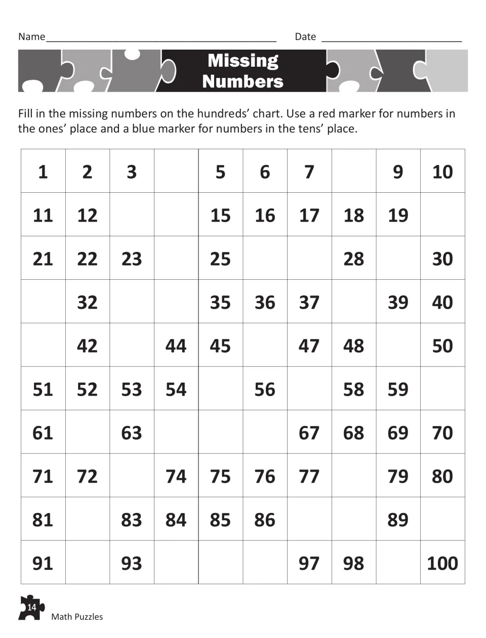 Missing Numbers: students fill in blanks on a 1-100 hundreds chart, writing ones digits in red and tens digits in blue