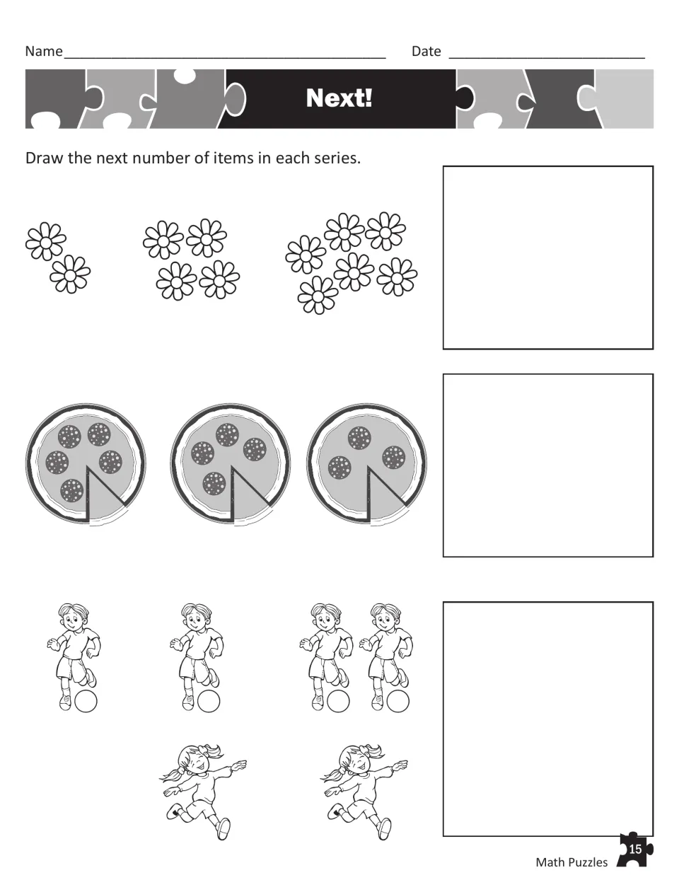 Next!: students draw the next step in three picture patterns showing flowers, pepperoni on pizzas, and children playing