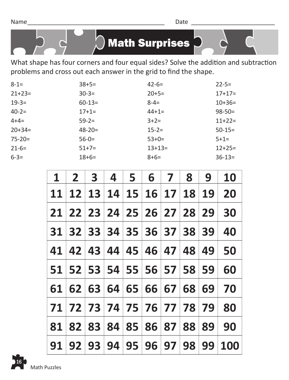 Math Surprises: students solve 36 addition and subtraction facts and cross out answers on a 1-100 chart to reveal a shape