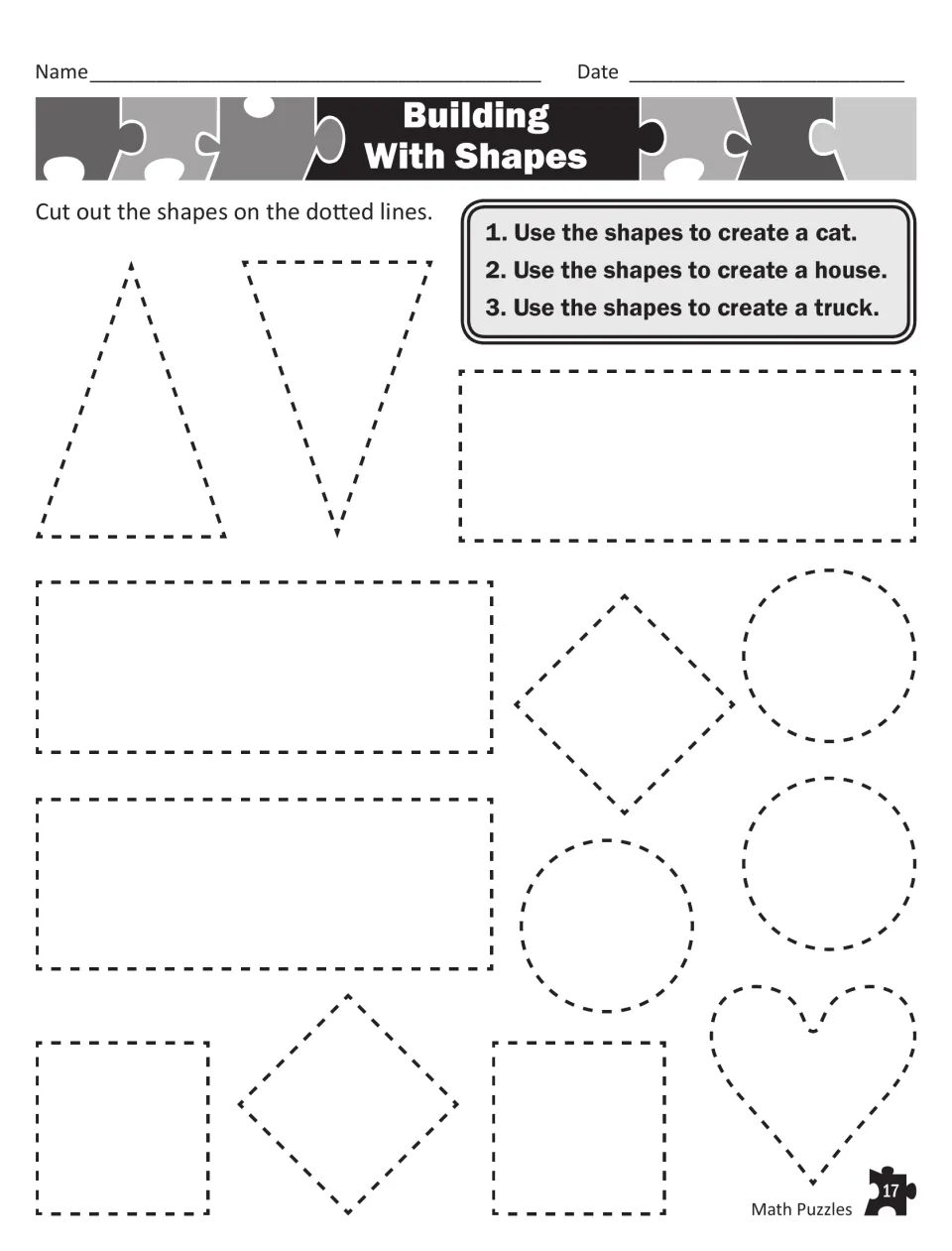 Building With Shapes: students cut out triangles, rectangles, circles, diamonds and a heart to build a cat, house and truck