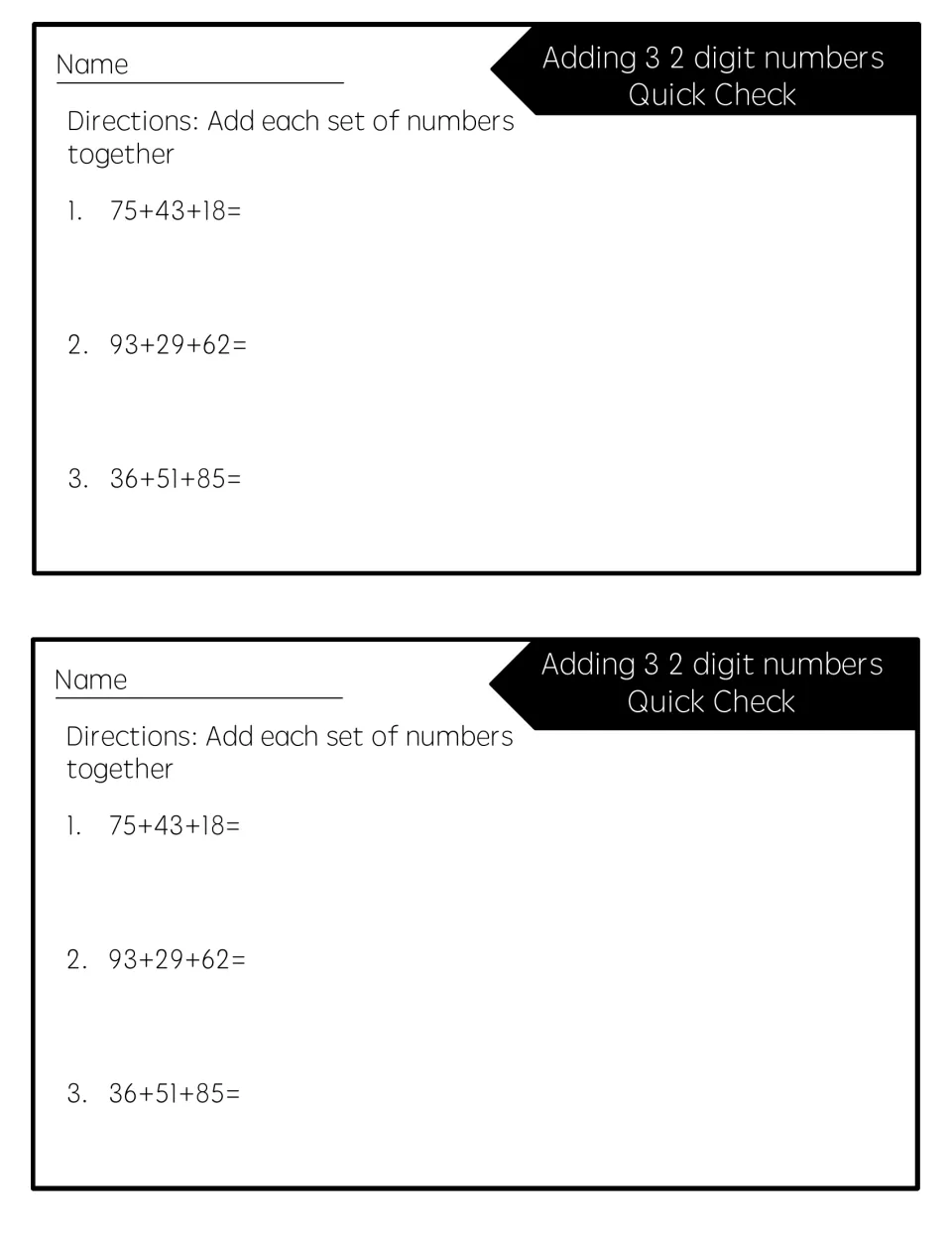 Adding three 2-digit numbers: students solve 75+43+18, 93+29+62 and 36+51+85; two identical half-page copies