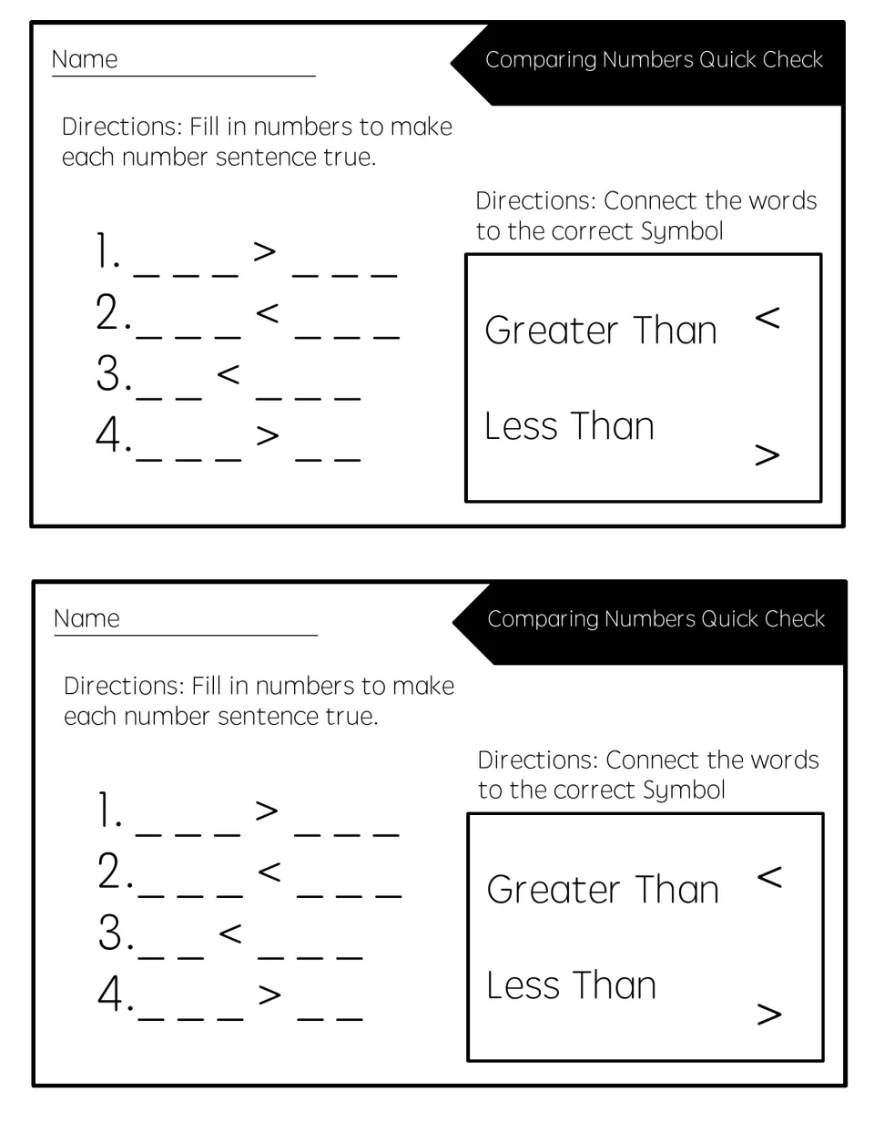 Comparing numbers quick check: students fill in digits to make four > and < sentences true, then match words to symbols