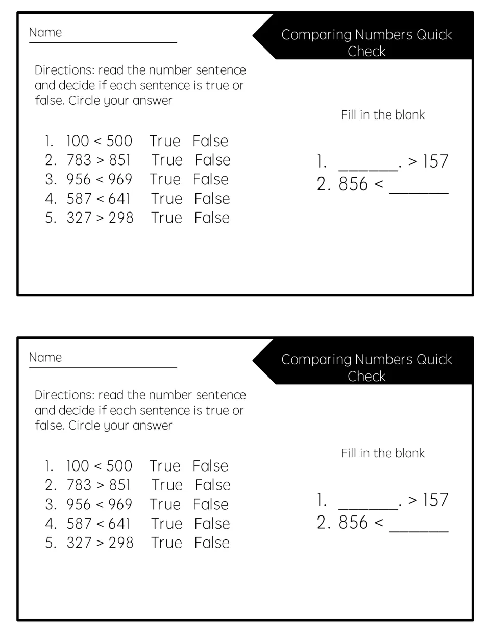 Comparing 3-digit numbers: students mark 5 inequalities like 783 > 851 true or false, then fill in 2 blanks