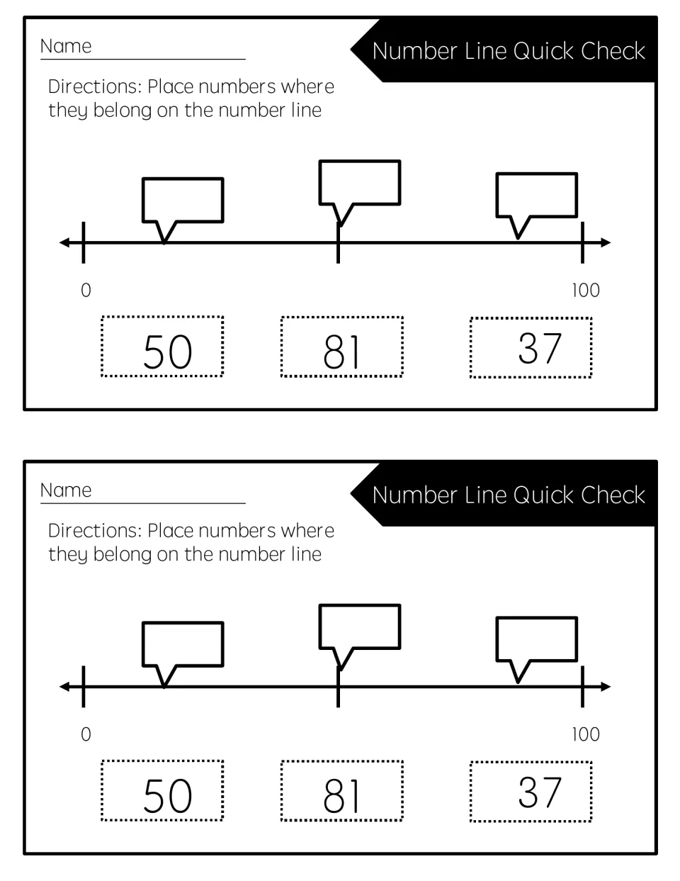 Number line 0 to 100: students place 50, 81 and 37 where they belong to estimate position; two copies per page