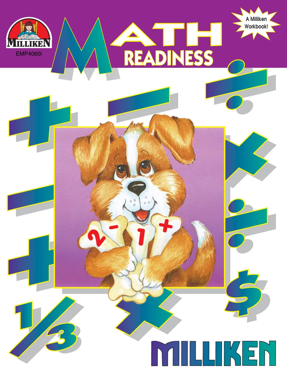 Math Readiness workbook cover from Milliken: a puppy holds number bones among plus, minus, divide and dollar symbols