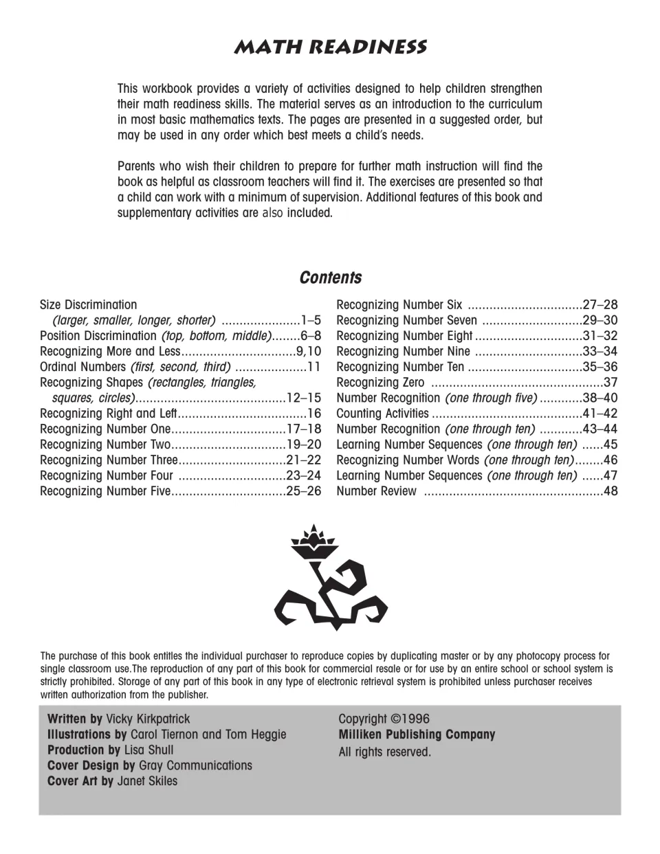 Workbook introduction and contents listing size, position, shapes, ordinal numbers and recognizing numbers zero to ten