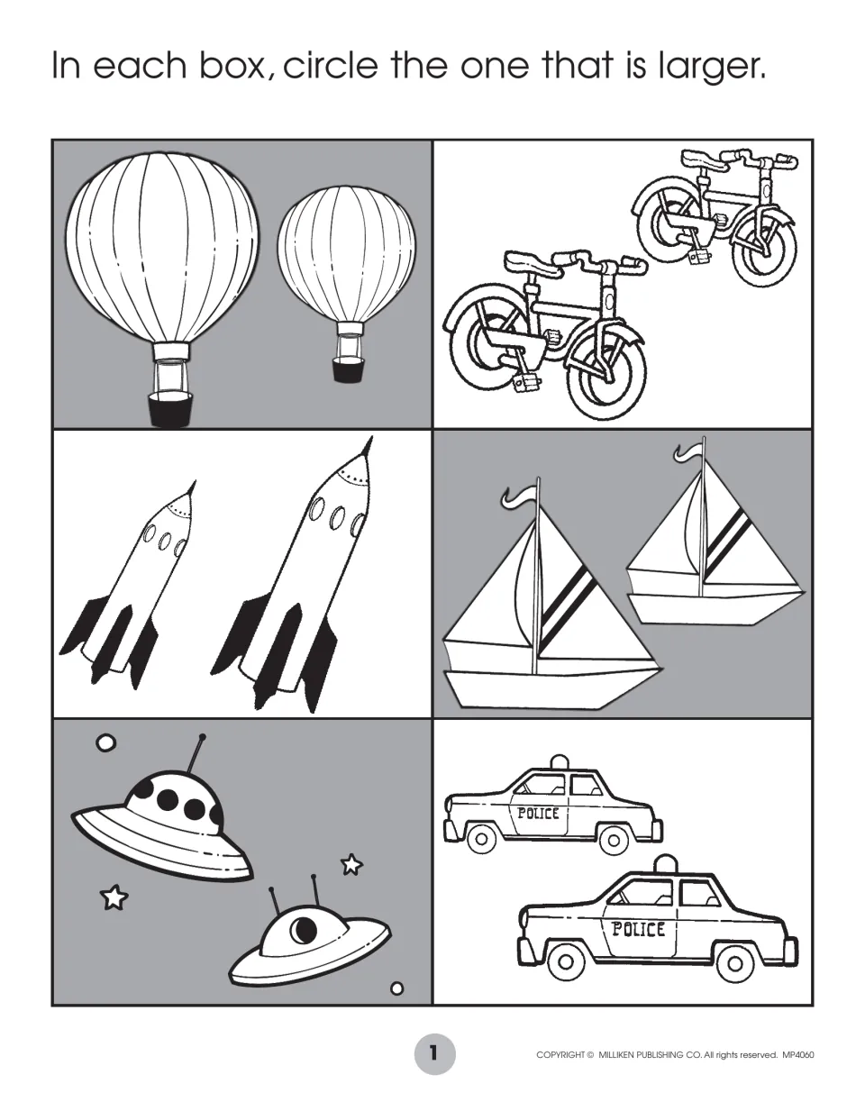 Size comparison: students circle the larger of two hot-air balloons, bikes, rockets, sailboats, saucers and police cars