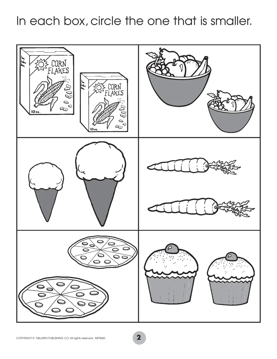 Size comparison: students circle the smaller cereal box, fruit bowl, ice cream cone, carrot, pizza and cupcake